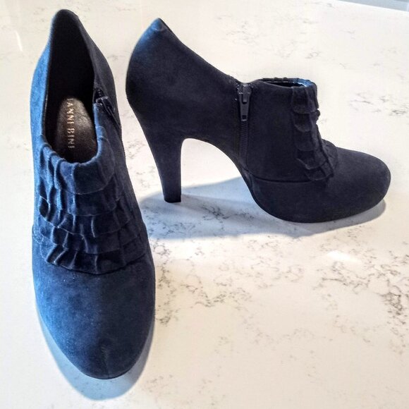 Gianni Bini Navy Blue Suede Ruffled Ankle Boots - Picture 1 of 5